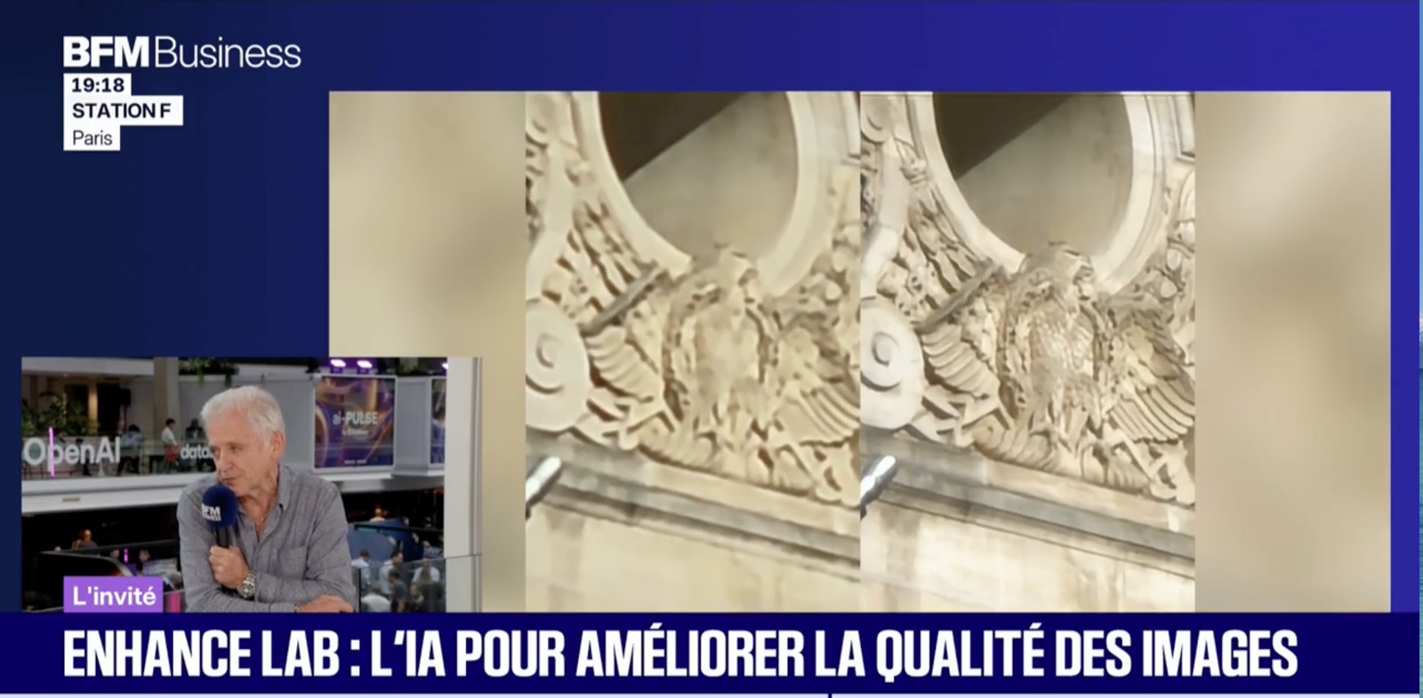 Jean Ponce on the BFM Business set at Station F, next to an Enhance Lab before/after image