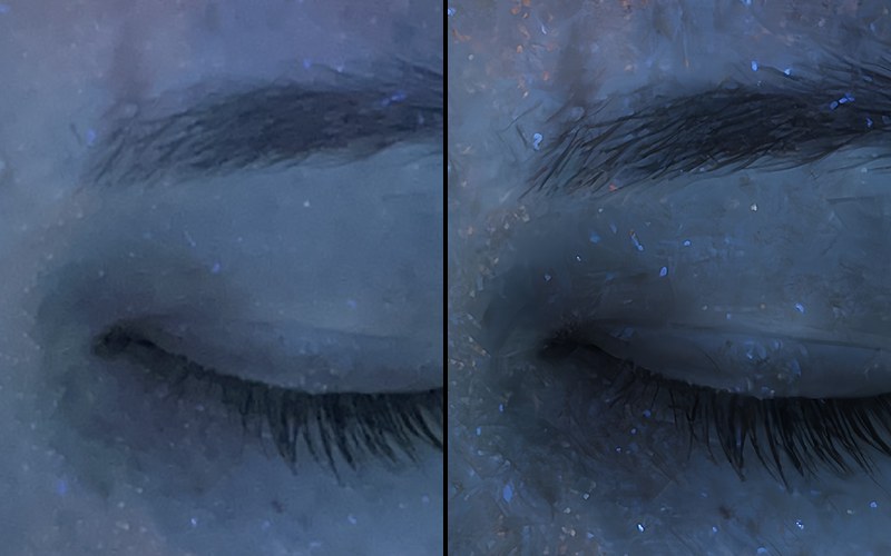 Close-up of eyelashes, before and after processing