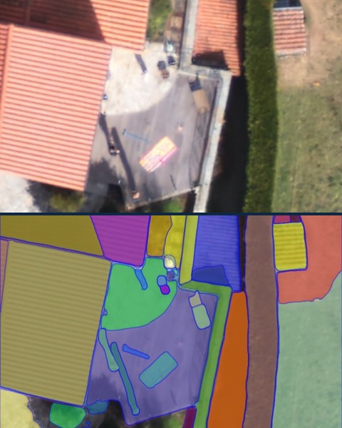 Drone frame from 300 m and its segmentation, Enhanced