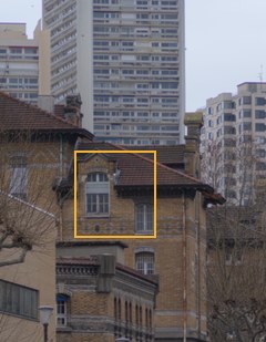 Brick building, Paris, full frame with the crop area marked